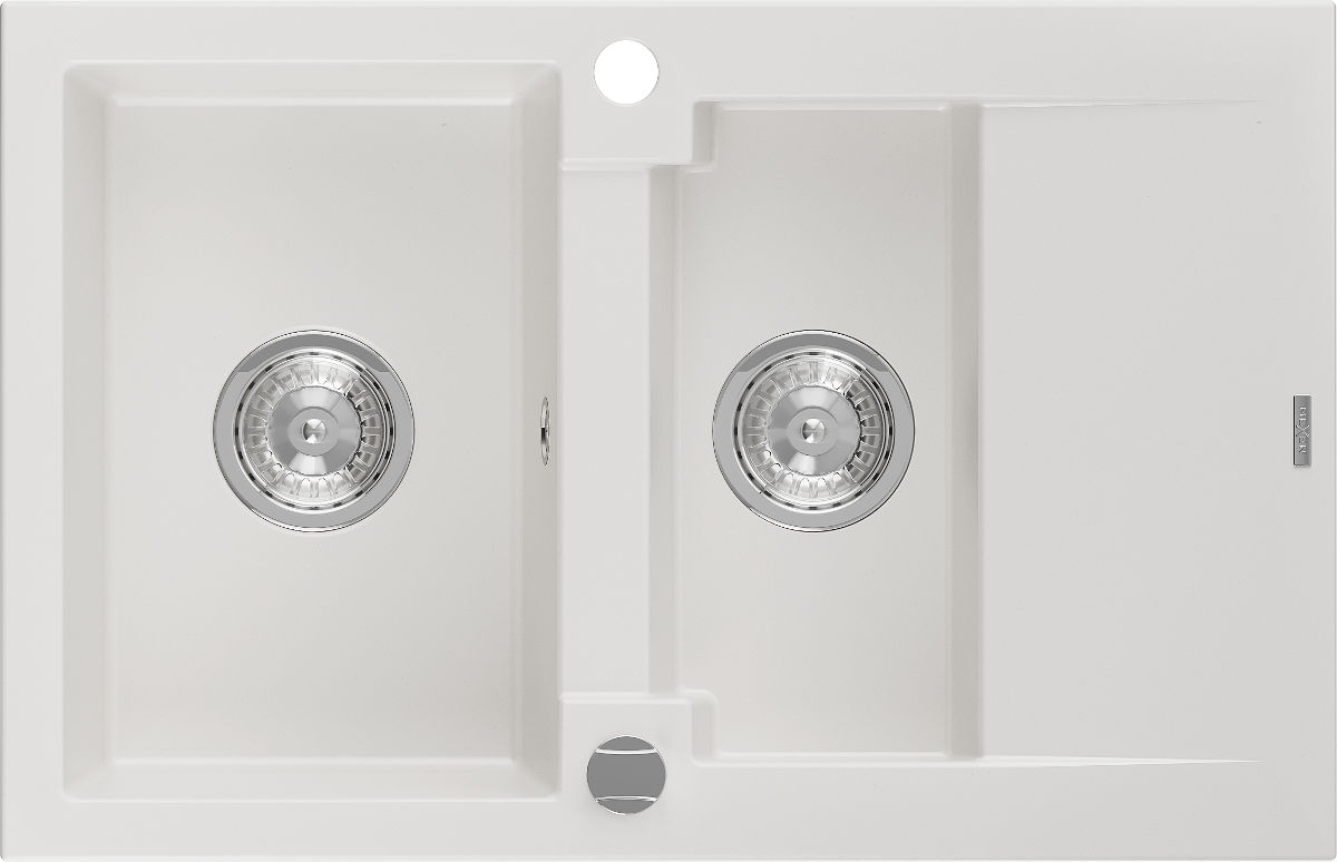 Mexen Gaspar granīta izlietne 1,5 nodalījuma ar notekpaplāti 737 x 475 mm, balta, hroma sifons - 6507731505-20